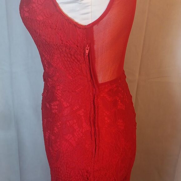 Elegant Red Bodycon Lace Dress - Picture 4 of 10